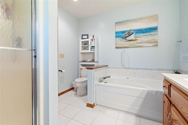 full bathroom with vanity, toilet, separate shower and tub, and tile patterned flooring