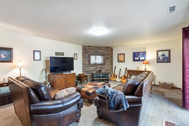 carpeted living room featuring a textured ceiling and a brick fireplace