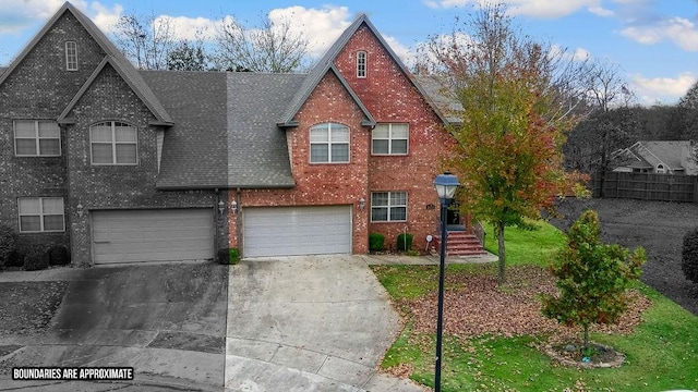 view of front of house featuring concrete driveway, brick siding, roof with shingles, and an attached garage