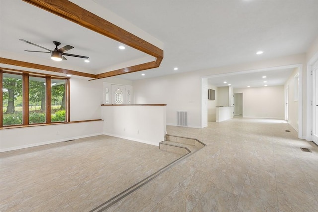 unfurnished living room with visible vents, ceiling fan, recessed lighting, and baseboards