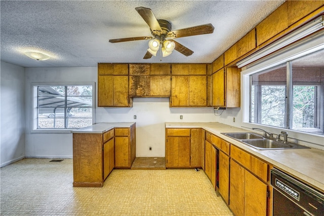 kitchen featuring ceiling fan, sink, black dishwasher, and a textured ceiling