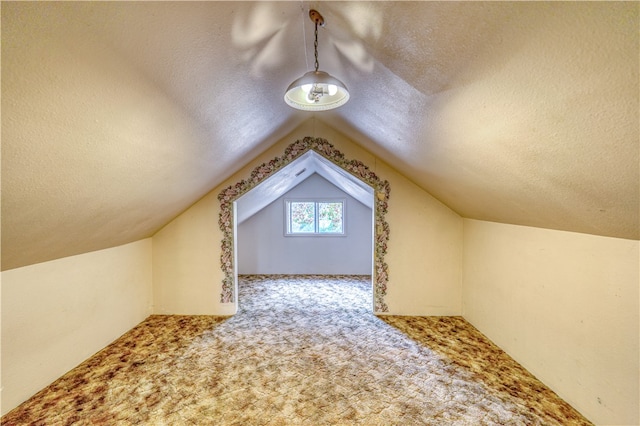 additional living space with light colored carpet, a textured ceiling, and vaulted ceiling