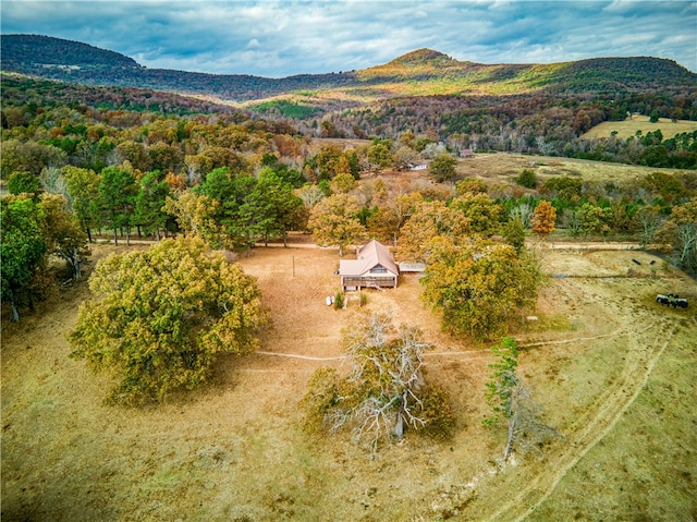 birds eye view of property featuring a mountain view and a rural view