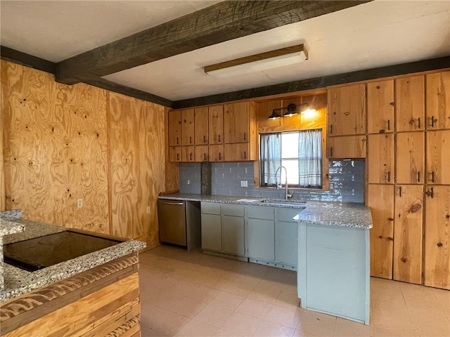 kitchen with light stone counters, dishwasher, sink, backsplash, and stovetop