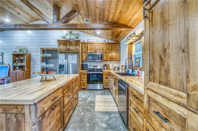 kitchen featuring lofted ceiling with beams, stainless steel appliances, wooden counters, sink, and wooden ceiling