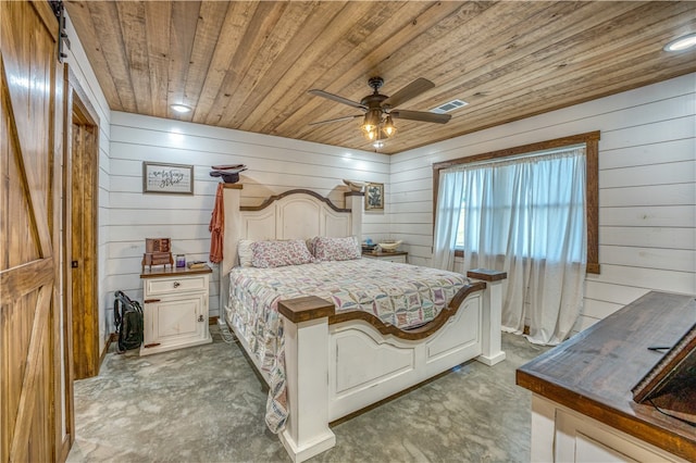 bedroom featuring wooden walls, wood ceiling, and ceiling fan