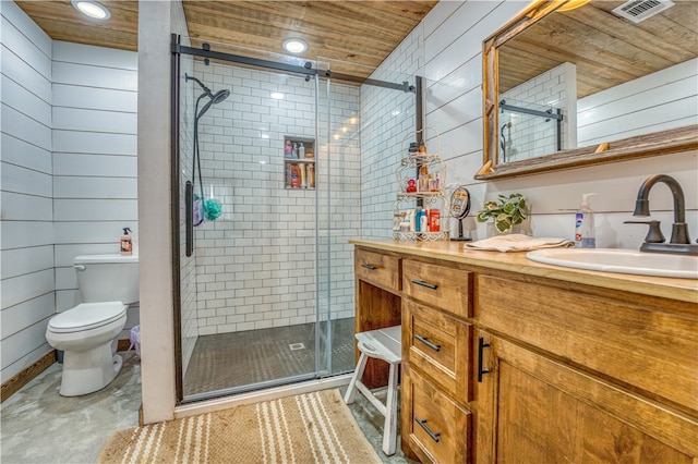 bathroom featuring toilet, wooden walls, wooden ceiling, vanity, and a shower with shower door