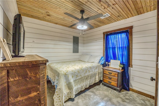 bedroom featuring wooden walls, wooden ceiling, and ceiling fan