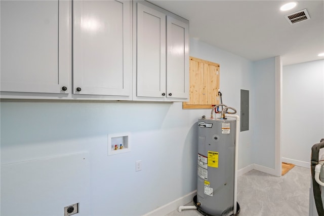 utilities with water heater, visible vents, and electric panel