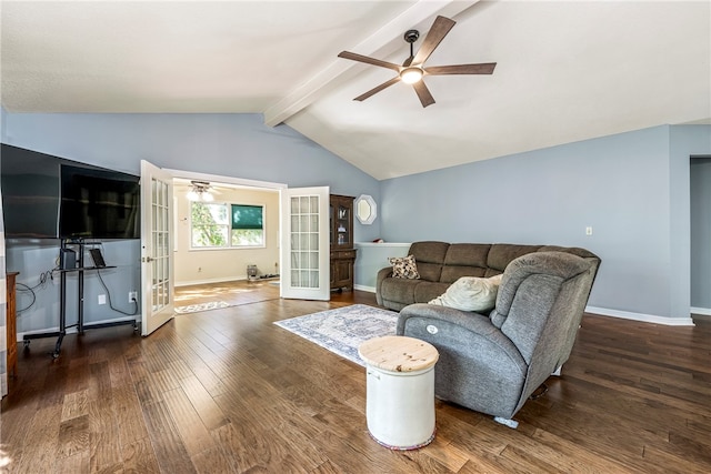 living room featuring french doors, lofted ceiling with beams, ceiling fan, and dark wood-type flooring