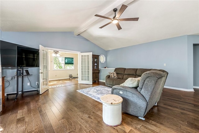 living room featuring a ceiling fan, wood finished floors, baseboards, vaulted ceiling with beams, and french doors