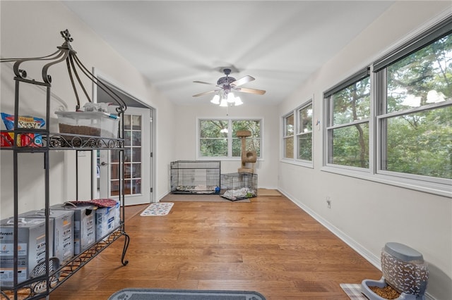 sunroom featuring a ceiling fan