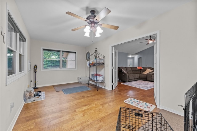 exercise room with wood finished floors, a ceiling fan, and baseboards