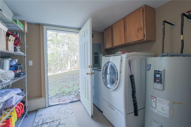 washroom featuring water heater and cabinet space