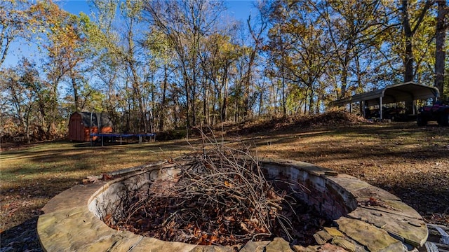 view of yard featuring a carport, an outbuilding, a trampoline, and a storage shed