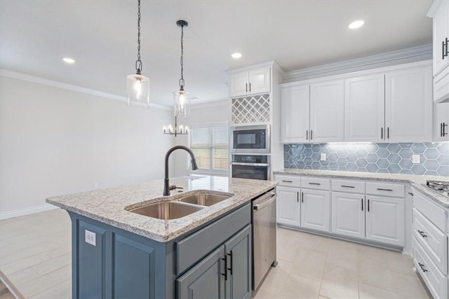 6602 SW Spindle St, Bentonville, AR 72713 - kitchen with decorative backsplash, a sink, crown molding, and appliances with stainless steel finishes