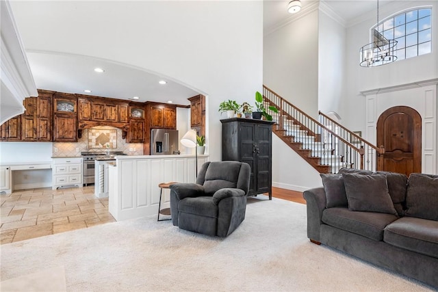 living room with crown molding