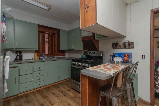 kitchen featuring dark hardwood / wood-style flooring, stainless steel gas stove, green cabinetry, and sink