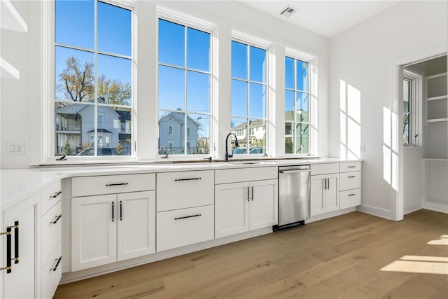 kitchen featuring white cabinetry, a wealth of natural light, dishwasher, and light hardwood / wood-style floors