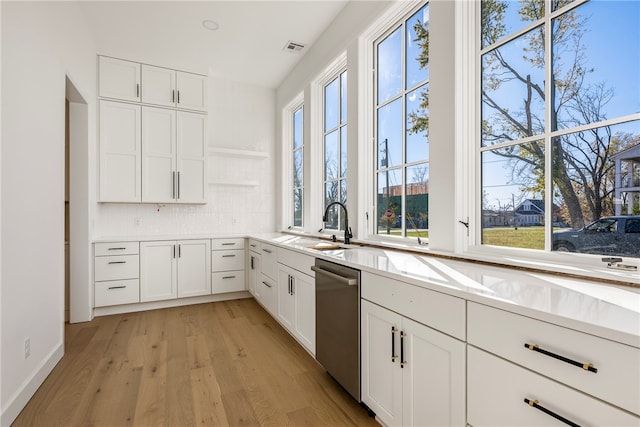 kitchen featuring dishwasher, sink, light hardwood / wood-style floors, decorative backsplash, and white cabinets