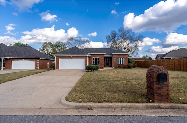 ranch-style house with a front yard and a garage