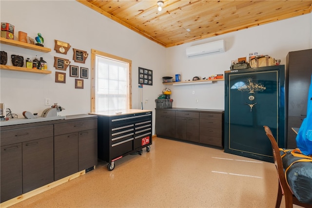 kitchen with a wall mounted AC and wooden ceiling