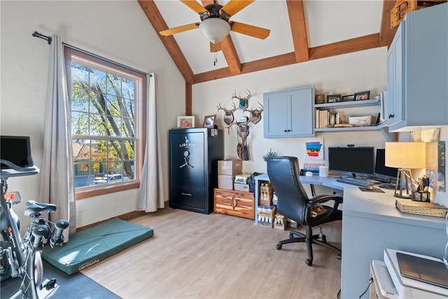 office space featuring ceiling fan, lofted ceiling with beams, and light hardwood / wood-style floors