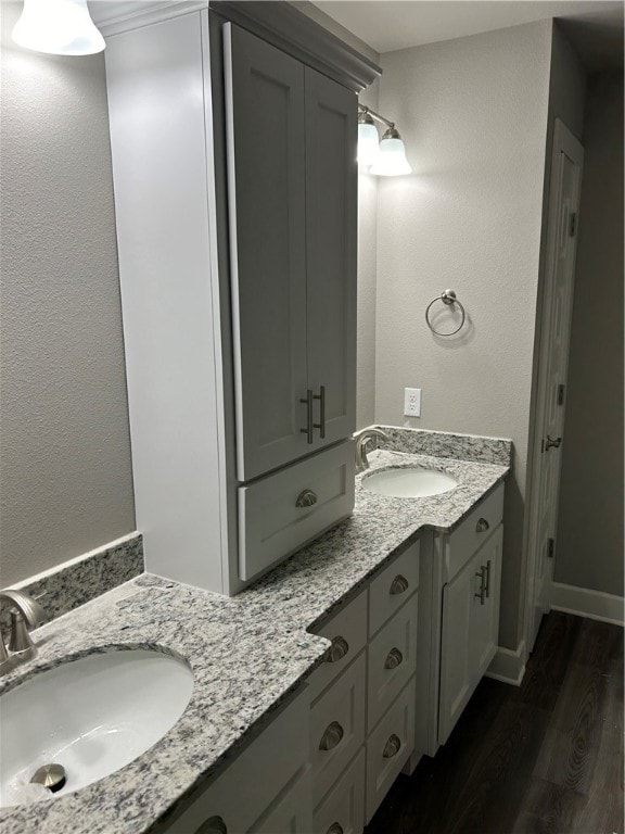 bathroom with vanity and wood-type flooring