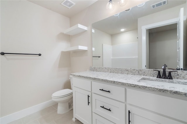 full bath with toilet, tile patterned floors, baseboards, and visible vents