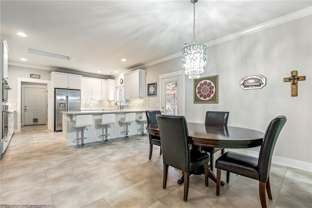 dining space with recessed lighting, crown molding, baseboards, and light tile patterned floors