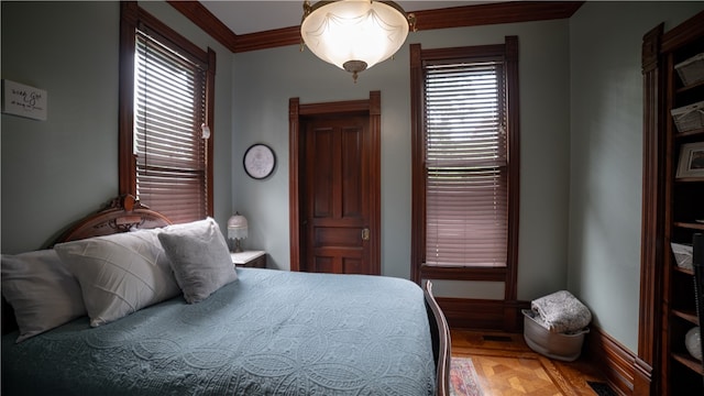 bedroom featuring wood-type flooring and ornamental molding