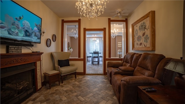 living area with ceiling fan