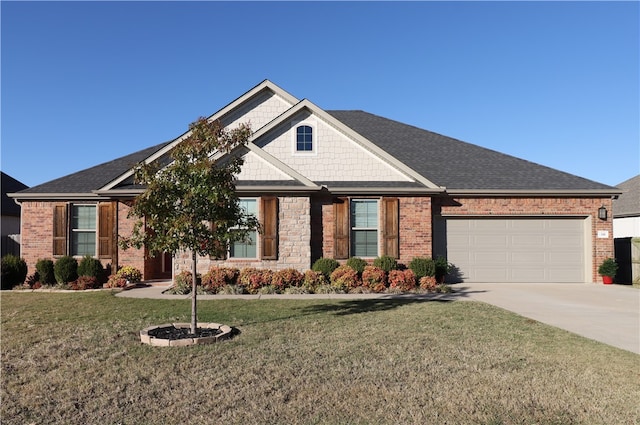 craftsman-style home with a garage and a front lawn