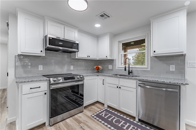 kitchen featuring white cabinets, backsplash, sink, and stainless steel appliances