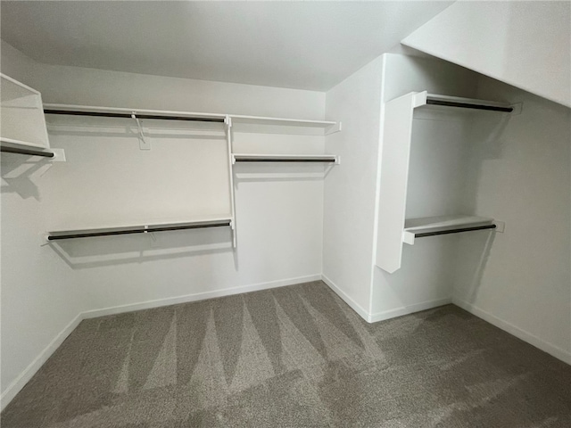 walk in closet with dark colored carpet and vaulted ceiling