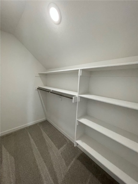 walk in closet featuring dark carpet and vaulted ceiling