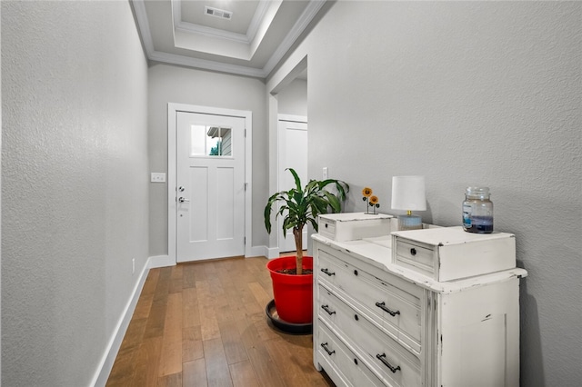 entrance foyer featuring a raised ceiling, light hardwood / wood-style flooring, and ornamental molding