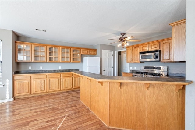 kitchen with kitchen peninsula, appliances with stainless steel finishes, a kitchen breakfast bar, ceiling fan, and light hardwood / wood-style flooring