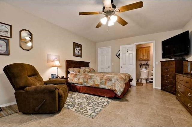 bedroom featuring ceiling fan and light tile patterned flooring