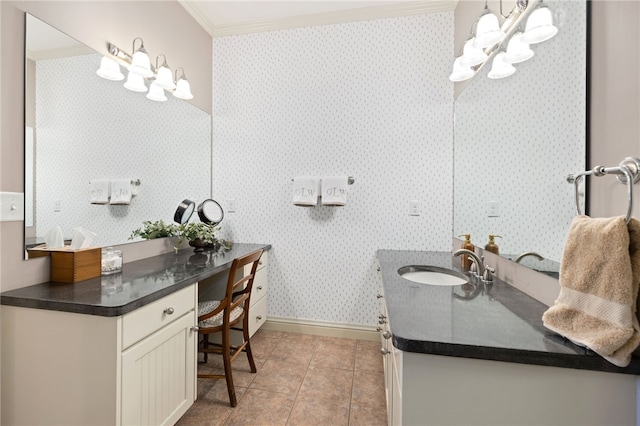 bathroom with vanity, tile patterned floors, and crown molding