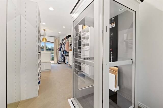 spacious closet featuring light colored carpet