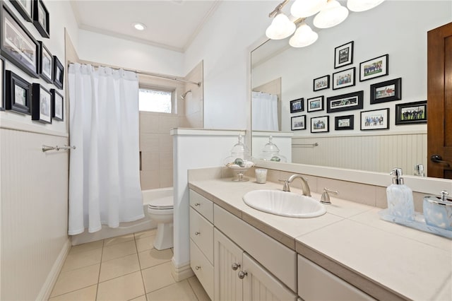 full bathroom with vanity, tile patterned floors, crown molding, toilet, and shower / bathtub combination with curtain