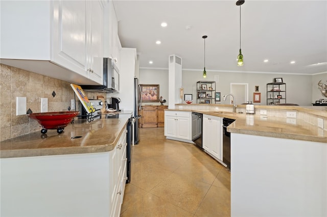 kitchen with stainless steel appliances, tasteful backsplash, pendant lighting, white cabinets, and ornamental molding