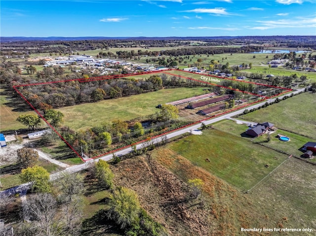 birds eye view of property featuring a rural view