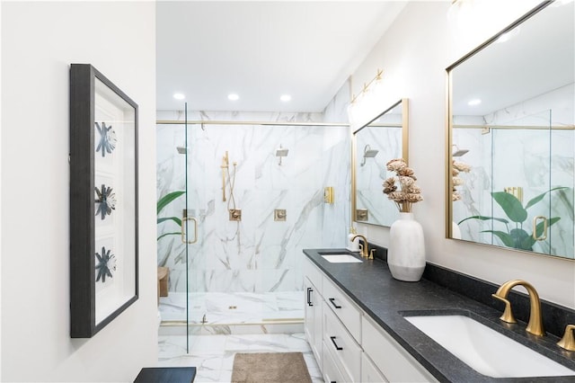 1433 S Duncan Ave, Fayetteville, AR 72701 - bathroom with marble finish flooring, recessed lighting, a marble finish shower, and double vanity