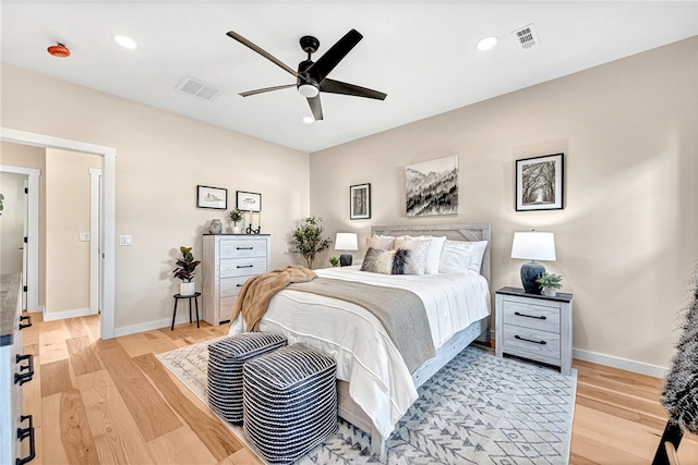 bedroom featuring ceiling fan and light wood-type flooring