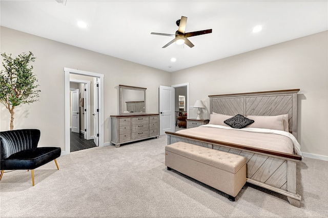 carpeted bedroom featuring ceiling fan