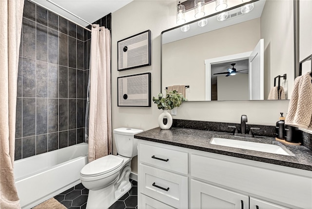 full bathroom featuring shower / bath combo, vanity, tile patterned floors, and toilet