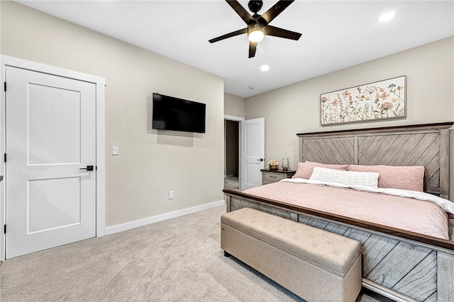 bedroom featuring ceiling fan and carpet floors