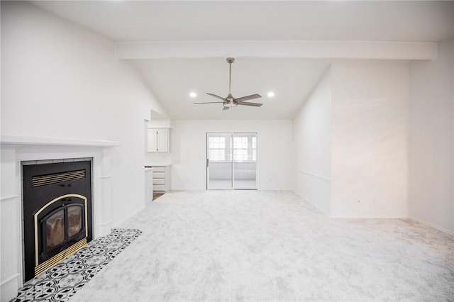 living room with vaulted ceiling with beams, carpet floors, and ceiling fan